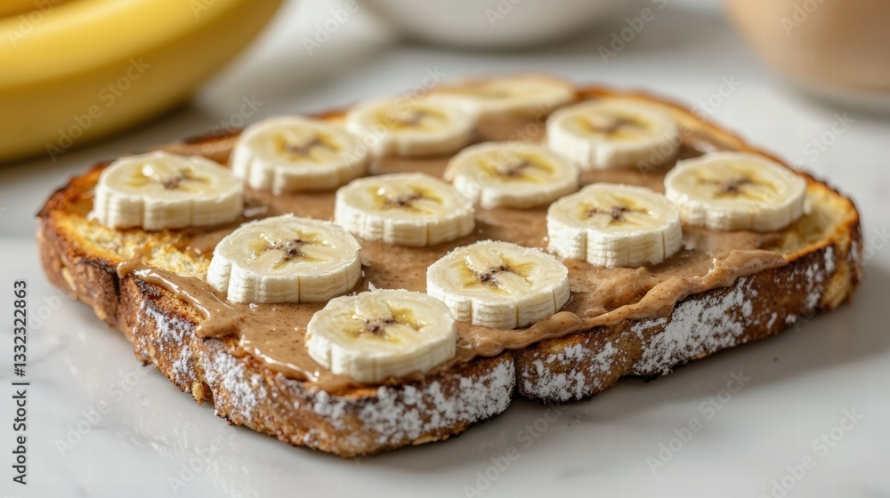 A simple toasted bread with slices of fresh banana arranged beautifully for a healthy breakfast or snack option A simple toasted bread with slices of fresh banana arranged beautifully for a healthy breakfast or snack option