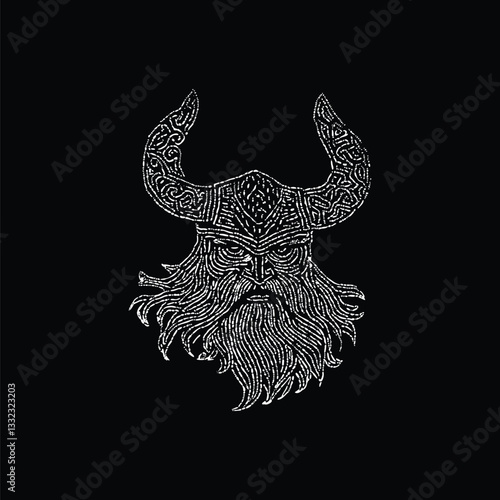 Viking warrior wearing horned helmet with long beard and stern expression