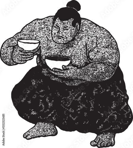 Sumo wrestler holding two bowls while crouching