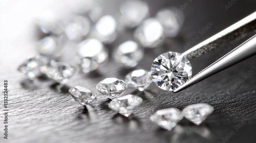 Close-Up of Shiny Diamonds with Tweezers Holding a Brilliant Cut Gemstone Close-Up of Shiny Diamonds with Tweezers Holding a Brilliant Cut Gemstone