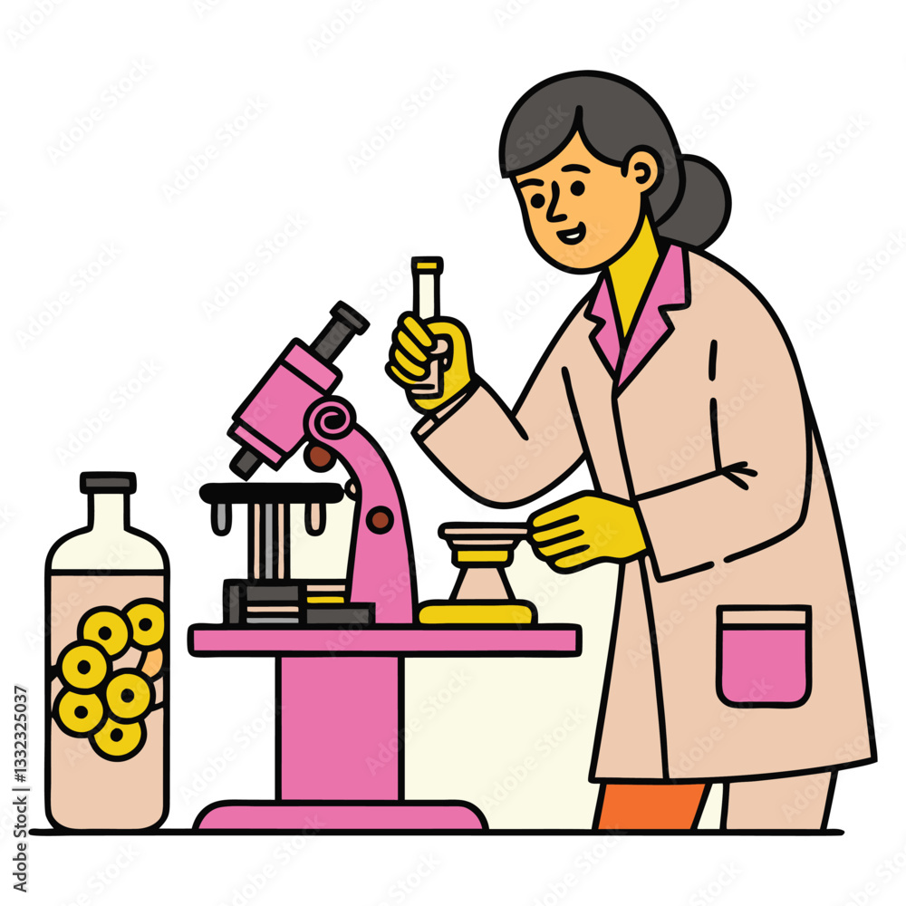 Smiling scientist conducts research with microscope and test tube. Smiling scientist conducts research with microscope and test tube.