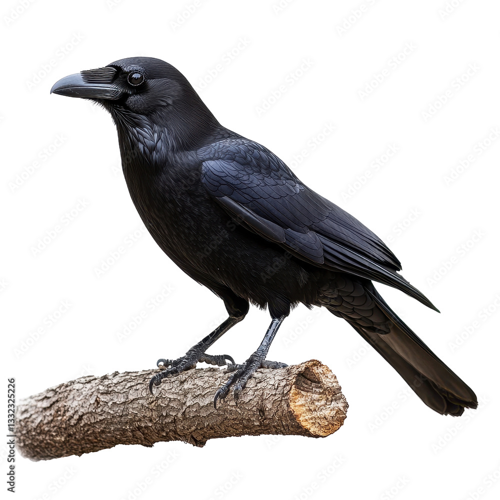 A black crow standing on a tree branch isolated on white background A black crow standing on a tree branch isolated on white background