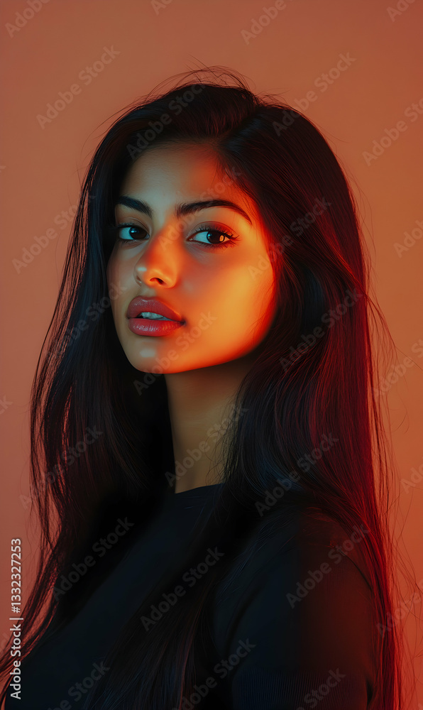 A striking portrait of a young woman showcasing her radiant and long dark hair beauty A striking portrait of a young woman showcasing her radiant and long dark hair beauty