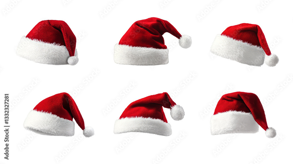 several Santa hats with a fluffy trim on display. isolated on transparent background several Santa hats with a fluffy trim on display. isolated on transparent background