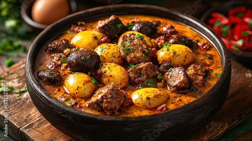 Hearty dominican mangu with eggs served on a wooden board captured in realistic photography with copy space for text