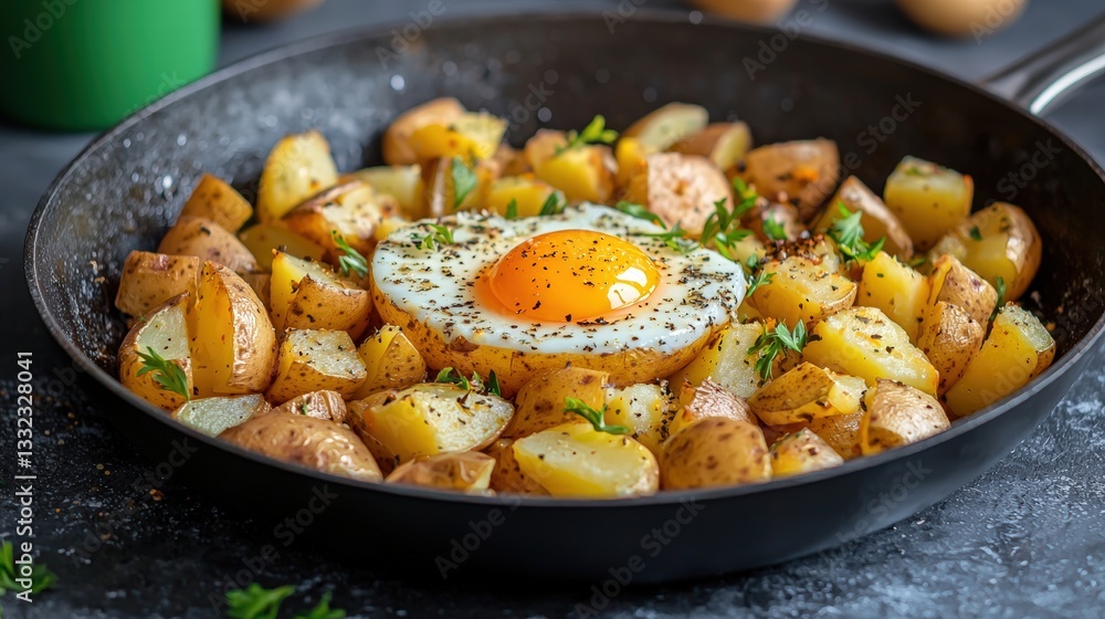 Flavorful egg and potato skillet with vegetables served in a pan captured in realistic photography with copy space for text Flavorful egg and potato skillet with vegetables served in a pan captured in realistic photography with copy space for text