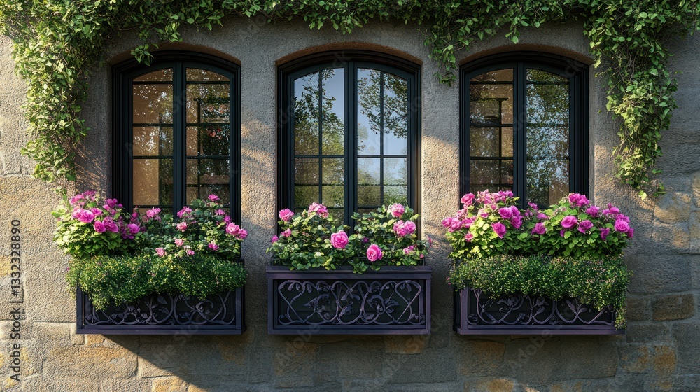Fototapeta premium Charming facade with flowering window boxes