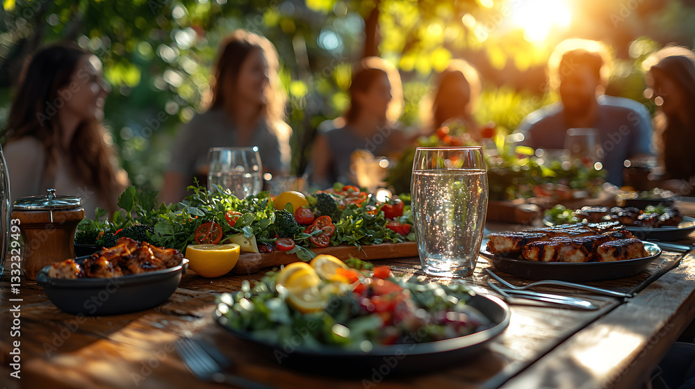 Fototapeta premium Ultra-realistic image of healthy food and sustainable lifestyle, including vegan meals, urban gardens, eco-friendly markets, sushi, and environmental activities.