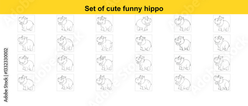 Set of cute and funny hippo drawings