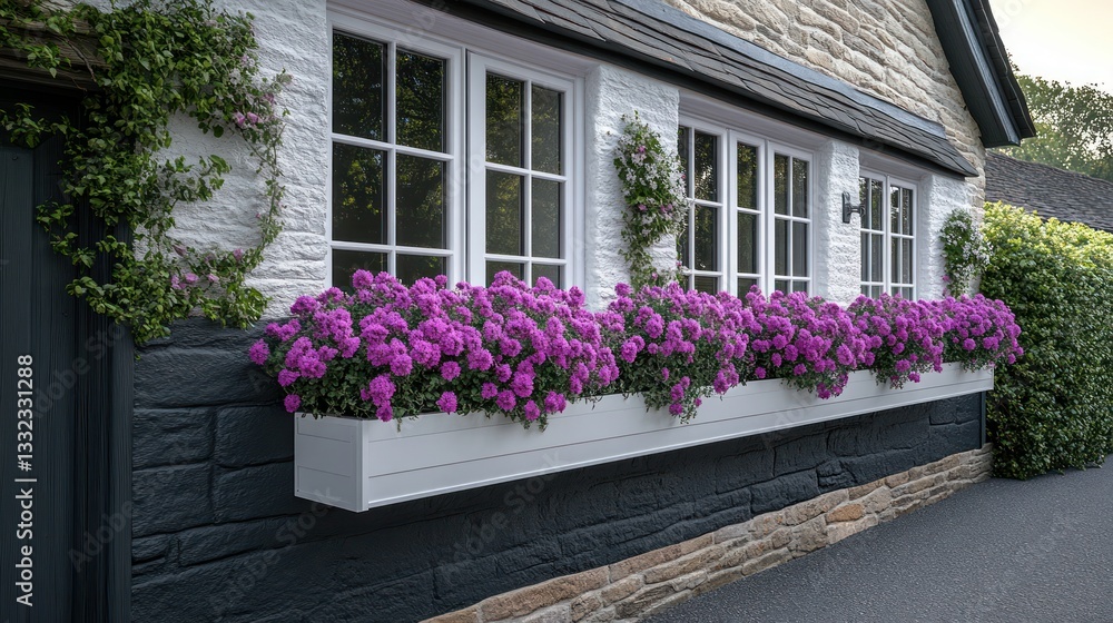 Fototapeta premium Charming flower boxes adorn a stone house facade. Vibrant purple blooms fill the planters, enhancing the exterior