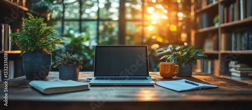 Wallpaper Mural Cozy workspace with laptop, plants, and books. Torontodigital.ca