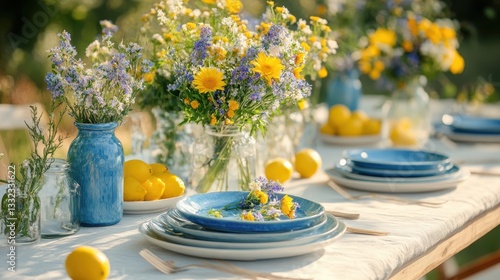 Handmade ceramic plates adorned with vibrant blue glaze create a stunning Mediterranean dining experience adorned with wildflowers and lemons