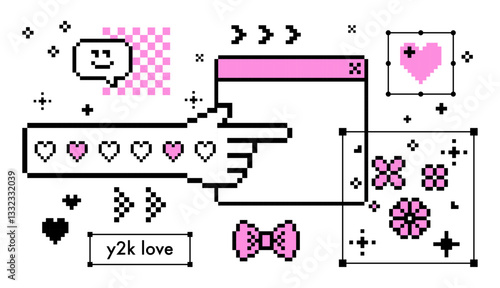 Funny pixel icons set. Y2k youth stickers in pink. Mood of 90s. 8 bit retro style vector illustration. Forefinger emoji. Long hand, spring blossom flower, heart and bow emoji. Game abstract elements