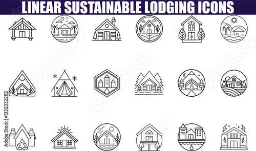 Linear Sustainable Lodging Icons EcoFriendly Cabin, House, and Nature Designs