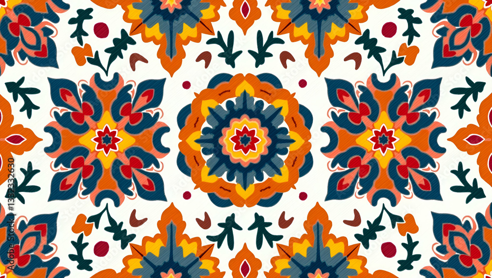 Fototapeta premium Flat Floral mandala seamless tile pattern with symmetrical botanical designs and vibrant hues for spiritual and decorative settings concept as Symmetrical botanical designs with vibrant hues create fl