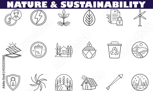 Ecofriendly Sustainability Icons Nature, Energy, Recycling, and Conservation