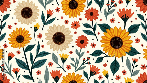 Wallpaper Mural Eclectic Bohemian Wildflowers: Seamless Tile Pattern Featuring Vibrant Daisies and Sunflowers for Creative Spaces - Perfect Flat Vector Illustration Design Torontodigital.ca