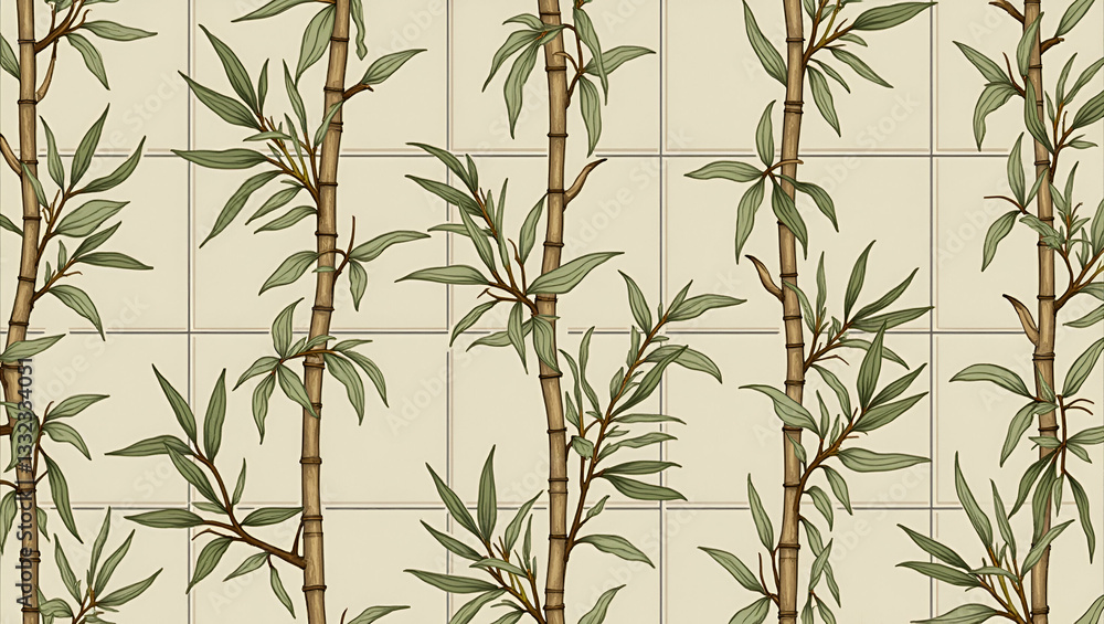 Obraz premium Rustic bamboo leaves seamless tile pattern with dried bamboo motifs and earthy green tones ideal for country style kitchens concept as Dried bamboo motifs and earthy green tones create rustic bamboo s