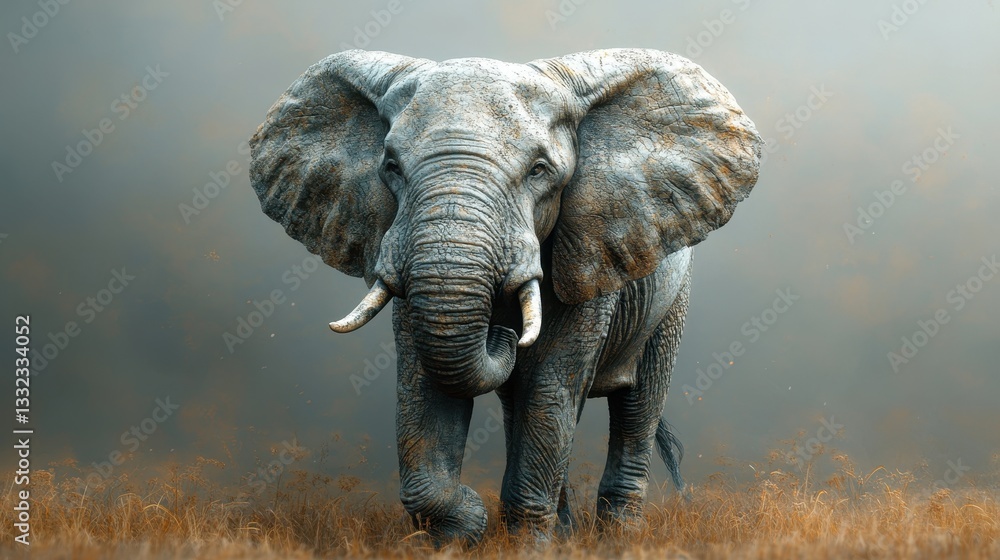 Fototapeta premium Remarkable representation of an African elephant in its natural habitat, showcasing the intricate textures of its skin and the vastness of the environment