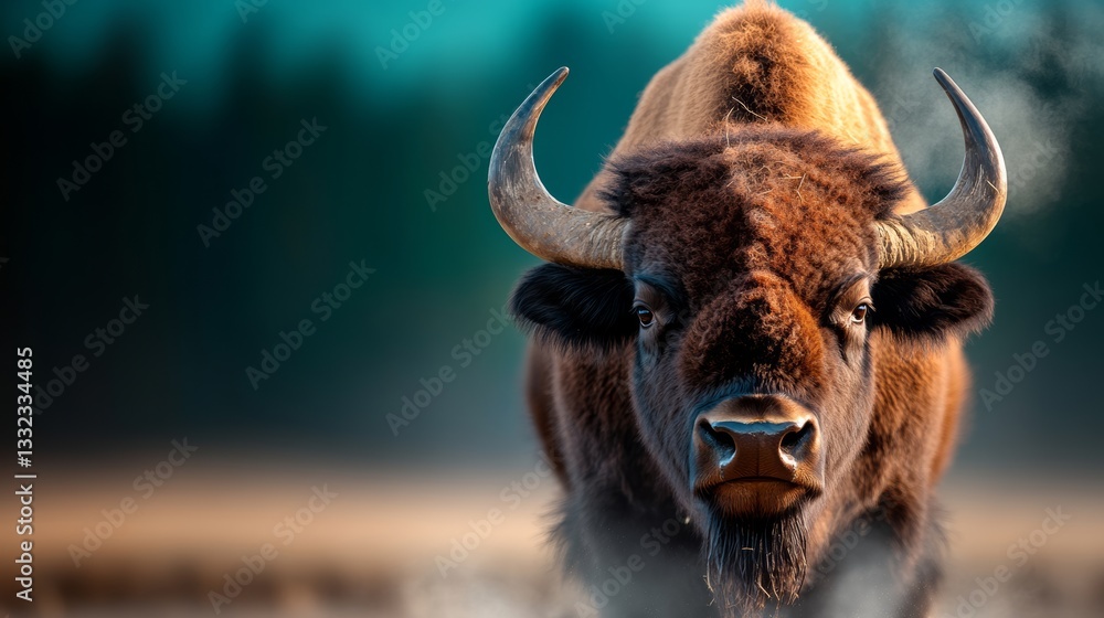 Buffalo is standing in a field with its horns raised. Concept of strength and power, as the buffalo's large horns and muscular build suggest that it is a formidable animal. The field itself is open Buffalo is standing in a field with its horns raised. Concept of strength and power, as the buffalo's large horns and muscular build suggest that it is a formidable animal. The field itself is open