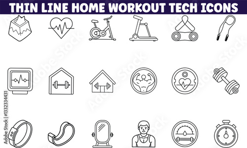 Home Workout Tech Icons Fitness, Health, Thin Line Graphics
