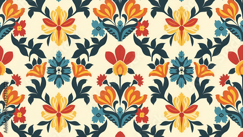 Flat Retro blossom seamless tile pattern with vintage flowers and bold colors for nostalgic interiors concept as Vintage flowers and bold colors create retro seamless tile pattern for nostalgic interi
