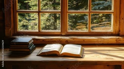 Wallpaper Mural Sunlit Windowsill with Open Book and Stack of Books Torontodigital.ca