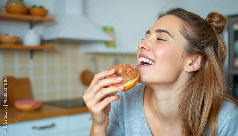 Woman Savoring Sweet Donut Moment in Cozy Kitchen, Pure Happiness Captured in Lifestyle Photography Woman Savoring Sweet Donut Moment in Cozy Kitchen, Pure Happiness Captured in Lifestyle Photography