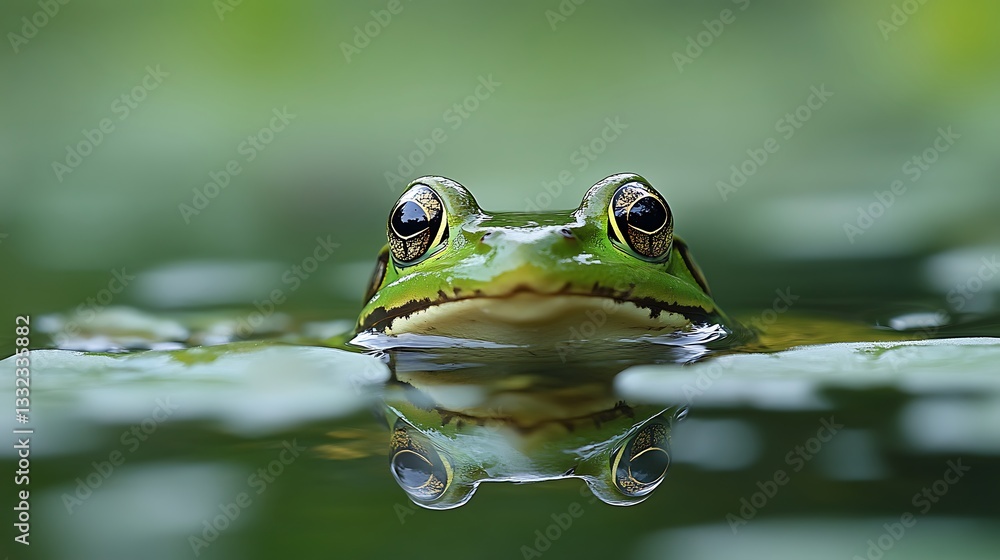 A green frog floats on water with its reflection visible A green frog floats on water with its reflection visible