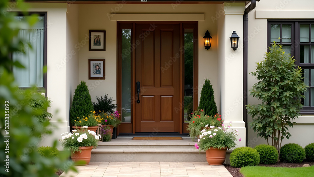 Fototapeta premium The entrance to the house with flower pots and picture frames on the wall welcoming home exterior garden decor inviting outdoor space concept as House entrance adorned with flower pots and picture fra