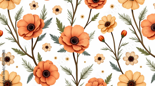 Wallpaper Mural Earth Toned Rustic Anemone Seamless Pattern: Cozy Floral Design with Natural Textures on White Background - Perfect for Photo Stock and Creative Projects with Space for Customization Torontodigital.ca