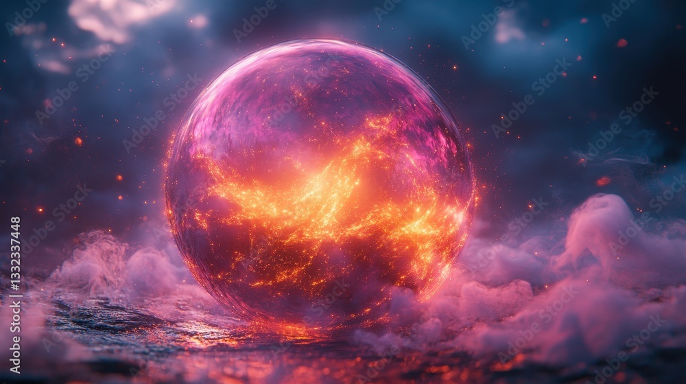 Fototapeta premium Discover the enchanting beauty of a magical purple-pink dream ball floating amidst shimmering golden smoke in a fantasy realm filled with wonder and mystery