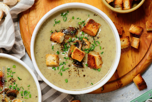 Creamy champignon soup with croutons.top veiw