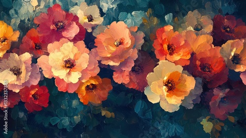 Vibrant abstract floral painting with red and yellow blooms in lush garden setting