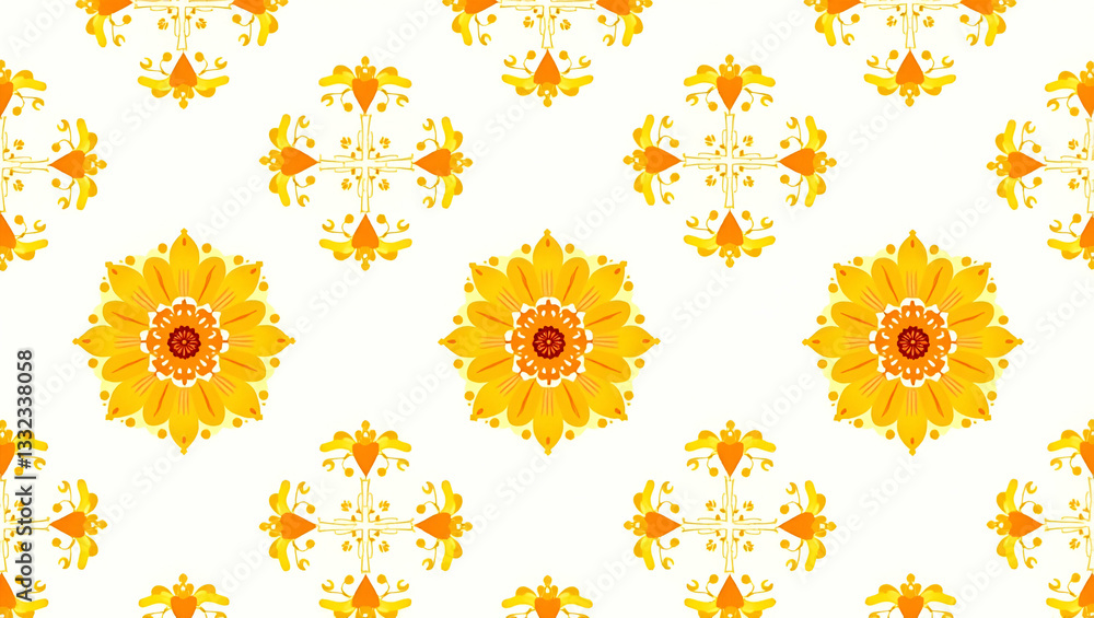 Bohemian marigold seamless tile pattern with vibrant orange blooms and intricate leaf details on white background ideal for eclectic spaces concept as Vibrant orange marigold blooms with intricate lea Bohemian marigold seamless tile pattern with vibrant orange blooms and intricate leaf details on white background ideal for eclectic spaces concept as Vibrant orange marigold blooms with intricate lea