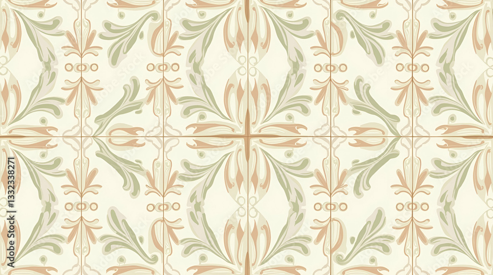 Obraz premium Elegant Art Nouveau Vine Tile Pattern: Flowing Lines & Pastel Colors for Dining Room Decor