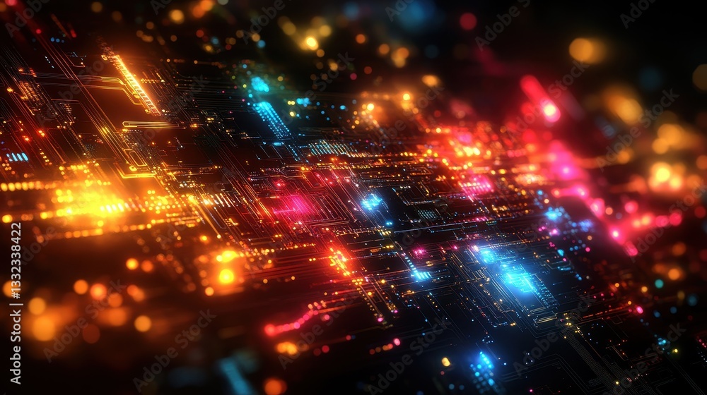 Fototapeta premium Abstract digital circuit board glowing neon lights