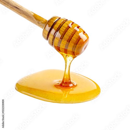 Honey Dripping from Wooden Dipper Sweet Golden Syrup Isolated on Transparent Background (PNG)