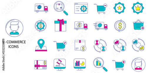 E-commerce simple concept 24 color icons set. Contains such shopping, e-commerce, gifts, supermarket, sale, E-business symbol. Vector illustration.