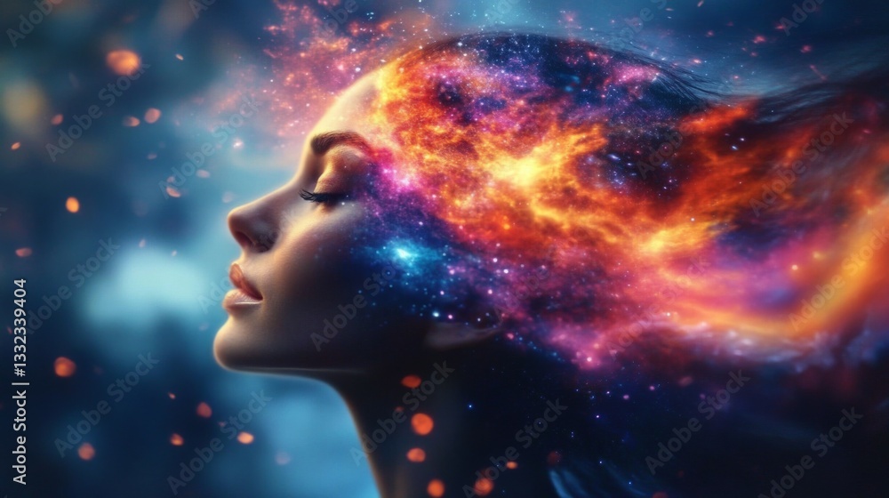 Captivating digital artwork of a woman's serene profile with flowing dark hair, eyes closed, and head tilted upward Captivating digital artwork of a woman's serene profile with flowing dark hair, eyes closed, and head tilted upward