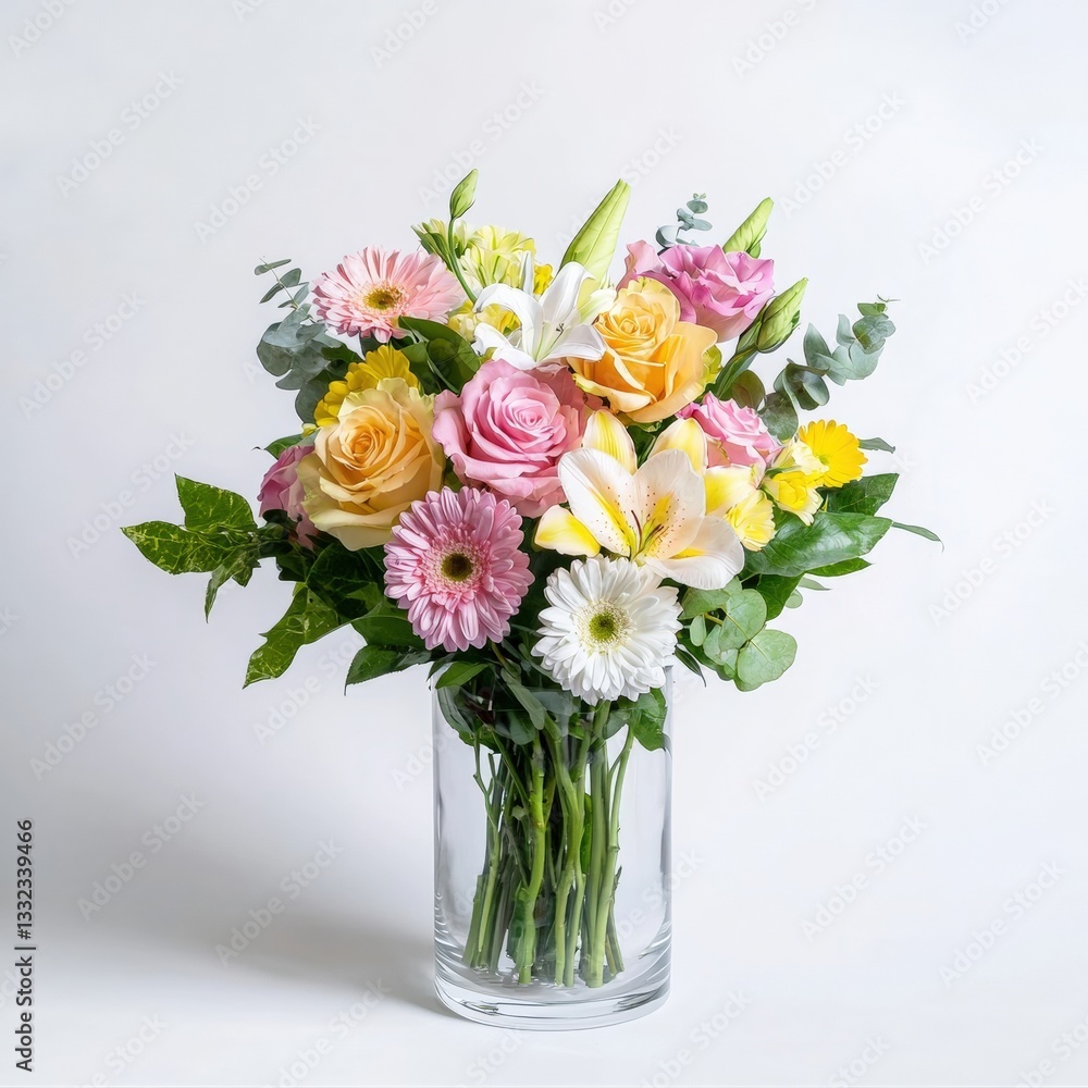 custom made wallpaper toronto digitalAn exquisite arrangement of vibrant flowers including roses, lilies, and daisies, artfully styled in a sleek glass vase, spotlighted against a pure white backdrop.