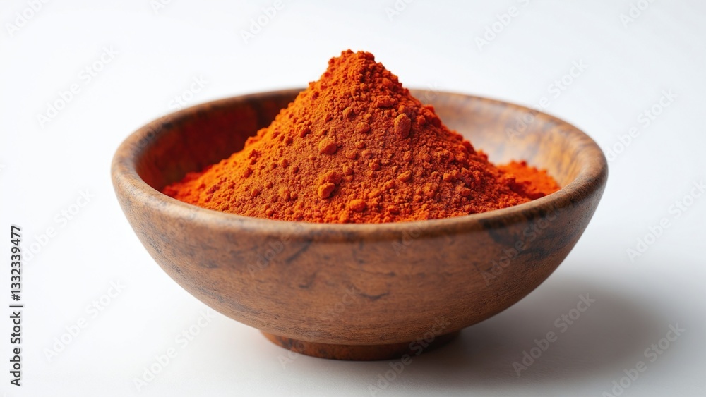 Rustic wooden bowl filled with vibrant paprika powder. isolated on a white background Rustic wooden bowl filled with vibrant paprika powder. isolated on a white background