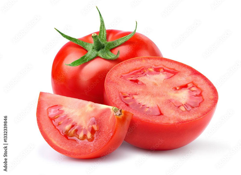 Tomato with cut in half isolated on white background. Tomato with cut in half isolated on white background.
