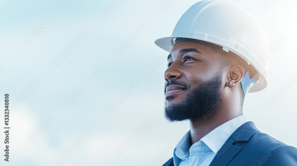 diverse occupational safety specialist wearing hard hat stands confidently blurred background copy space diverse occupational safety specialist wearing hard hat stands confidently blurred background copy space