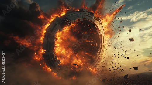 Fototapeta Naklejka Na Ścianę i Meble -  Realistic close-up animation of an abandoned futuristic space station crashing into a barren Earth, leaving behind a fiery trail in the sky 