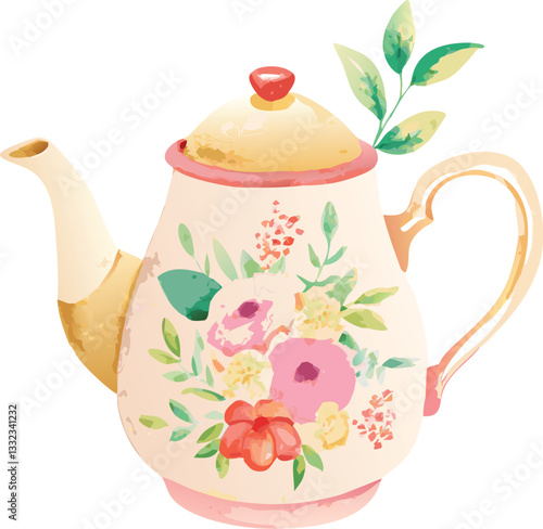  A teapot with floral pattern watercolor illustration
