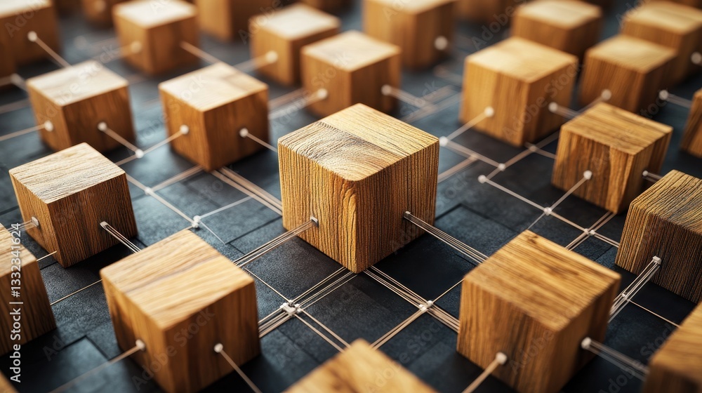 Abstract wooden cubes connected in geometric network pattern Abstract wooden cubes connected in geometric network pattern