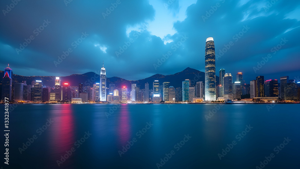 Naklejka premium Vibrant Hong Kong Cityscape: Time Lapse of Victoria Harbour's Urban Skyline in Cute Vector Style