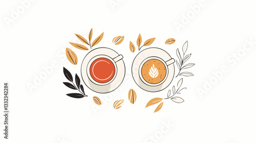 vector latte art with coffee beans and leaves