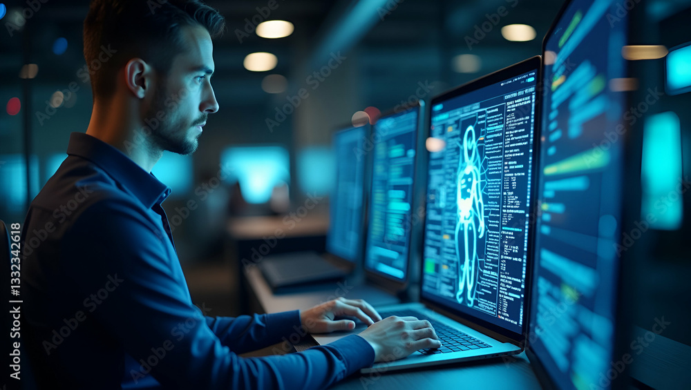 Empowering Creativity: Man Leverages AI Technology for Chatbot Image Generation, Coding, and Data Analysis with Smart Robot Support in Photo Stock Concept Empowering Creativity: Man Leverages AI Technology for Chatbot Image Generation, Coding, and Data Analysis with Smart Robot Support in Photo Stock Concept